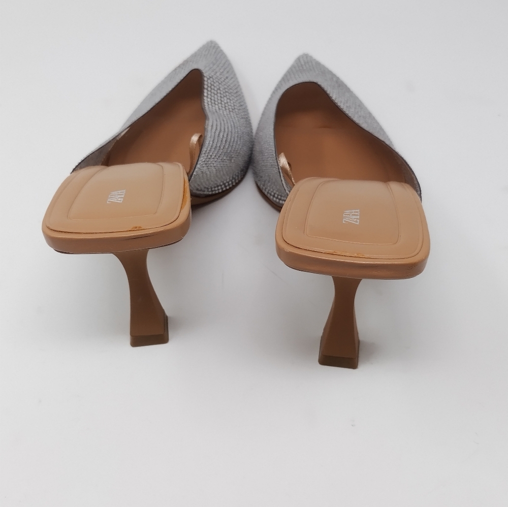 Zara Silver Rhinestone Pointed Toe Kitten Heel Mules - Picture 7 of 8